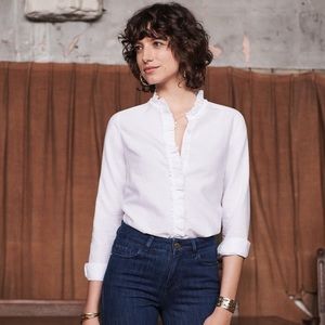 Sézane Solange White Button Down Ruffle Blouse